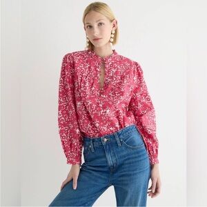 J. Crew Button-Front Ruffleneck Popover Top in Blushing Meadow Cotton Poplin | S